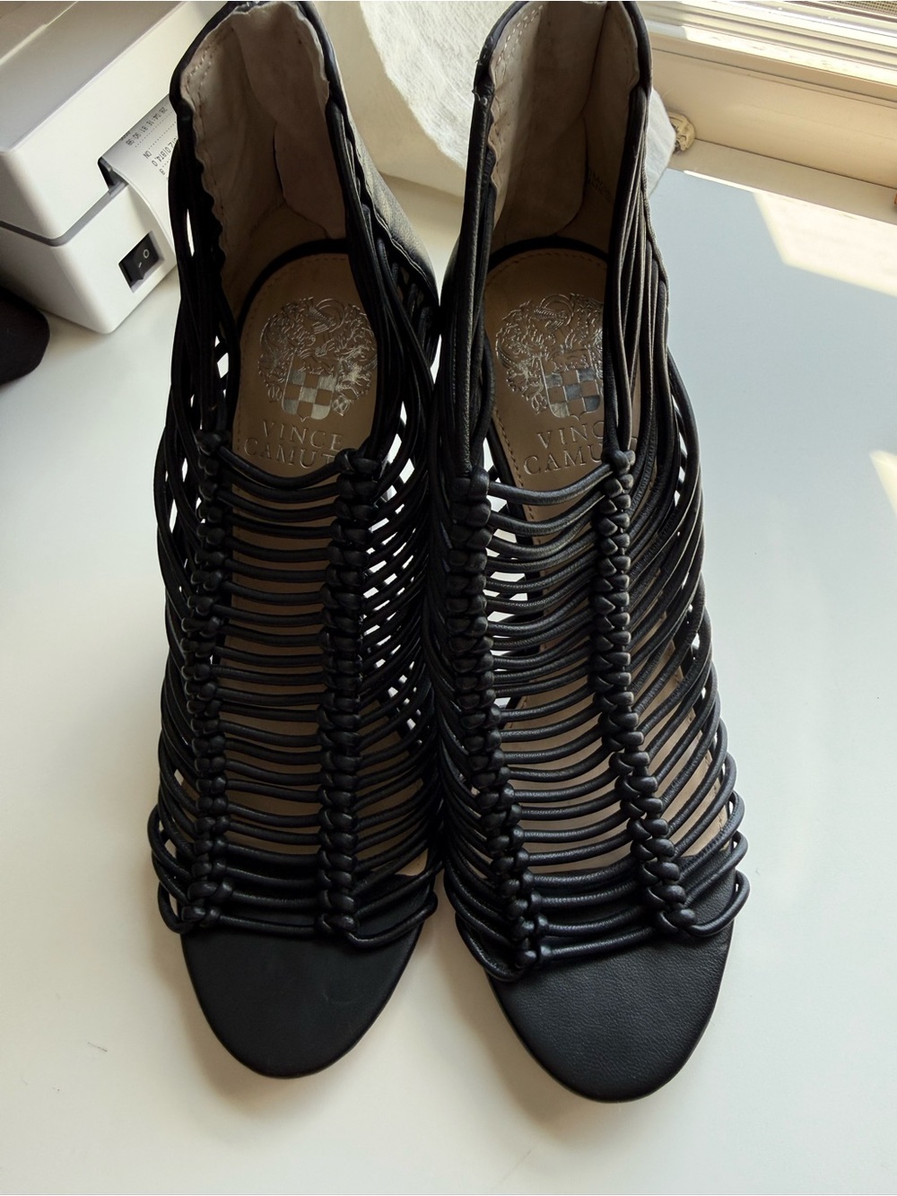 Vince Camuto Black Strappy Cage Peep-Toe Heels